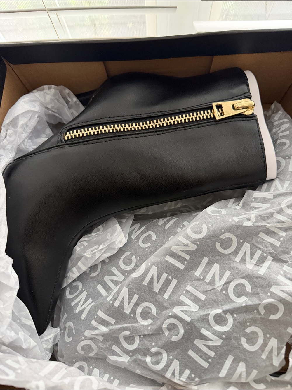 INC International Concepts Black Ankle Boot with Gold Zip Accent